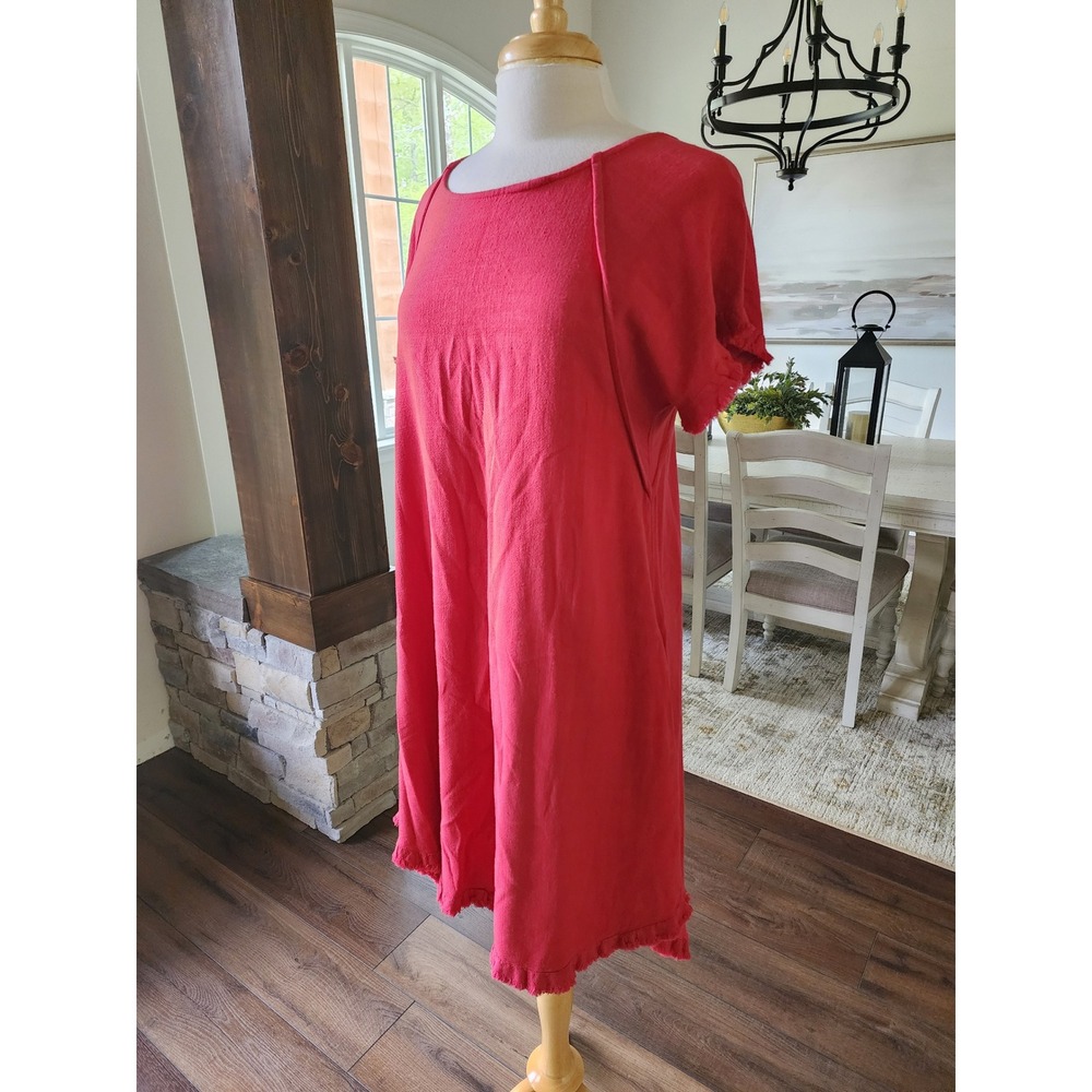 Umgee Red‎ Linen Blend Frayed Hem High Low Midi Shift Dress Oversized Small - Picture 3 of 9